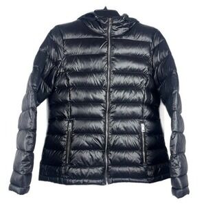 Andrew Marc Women's Medium Black Packable Lightweight Hooded Down Puffer Jacket